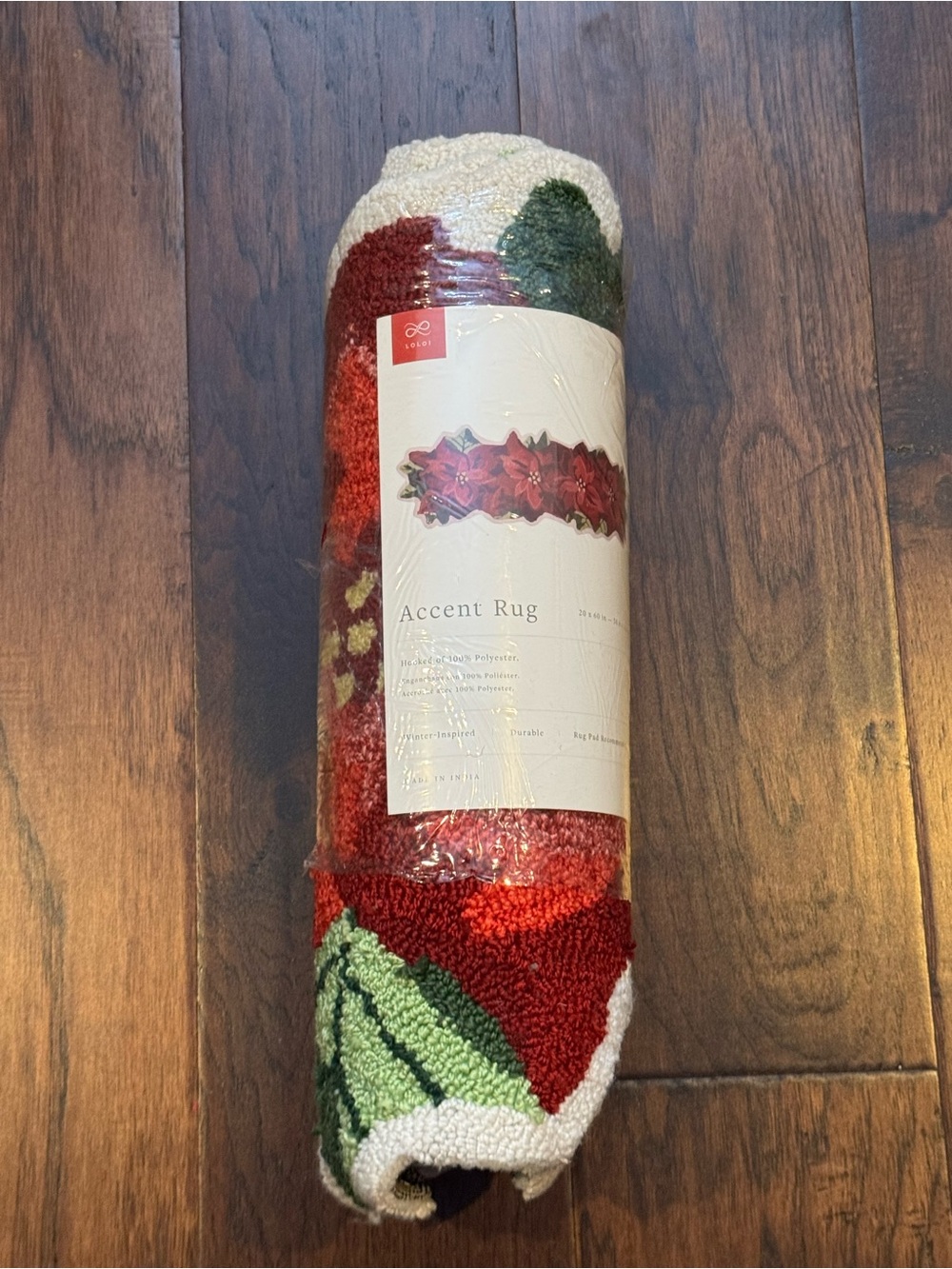 New Holiday Hooked Accent Rug - Red, Green Floral Poinsettia Design 20”x60”
